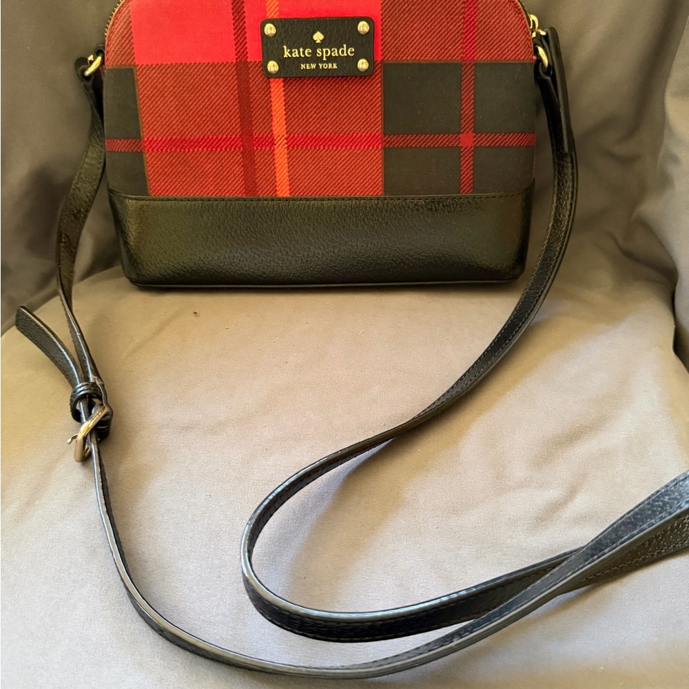 kate spade Red Plaid and Black Leather Crossbody